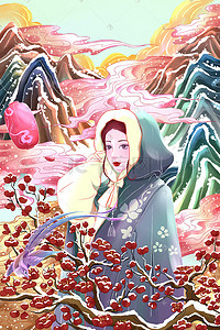 国潮小雪山中红梅雪景古风手绘插画