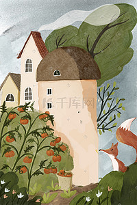 蔬菜种植手绘插画图片_秋天可爱卡通狐狸城堡绿色植物