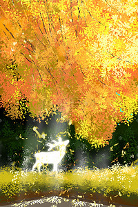 秋天叶子手绘插画图片_秋天秋景美丽麋鹿出现落叶下手绘插画