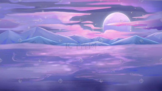 天空、紫色插画图片_海面大海唯美治愈浪漫月亮手绘天空星星景色