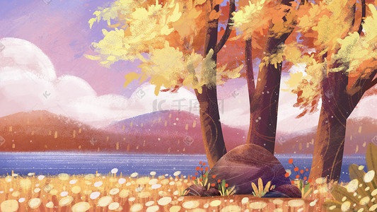 黄色的树插画图片_秋天的河边树旁儿插风插画