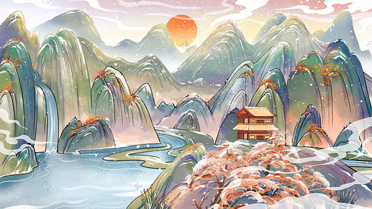 宽阔江河插画图片_冬天风景中国风山水雪景江河远眺山水场景