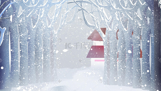 冬季下雪天插画图片_冬天树木下雪天唯美风景图