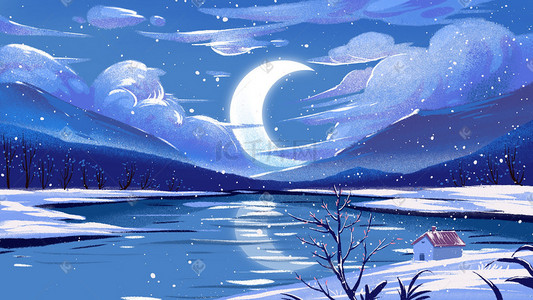 睡在月亮上的宝宝插画图片_冬天唯美治愈冬天风景月亮雪景