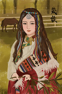 藏族自治州插画图片_少数名族藏族女孩油画风格民族人物藏族少女