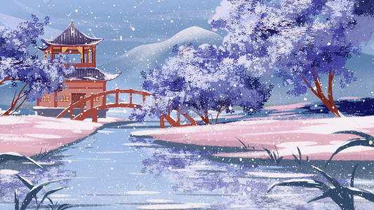 冬天树插画图片_冬天风景河边阁楼中国风山水雪景