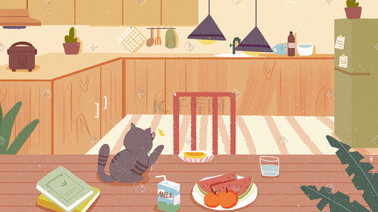 牛奶icon插画图片_厨房的早晨室内场景