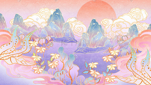 绚丽多彩湖插画图片_中国风国潮唯美多彩山水植物树木花草场景