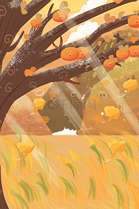 秋天秋景柿子树草坪草地金黄色唯美手绘插画