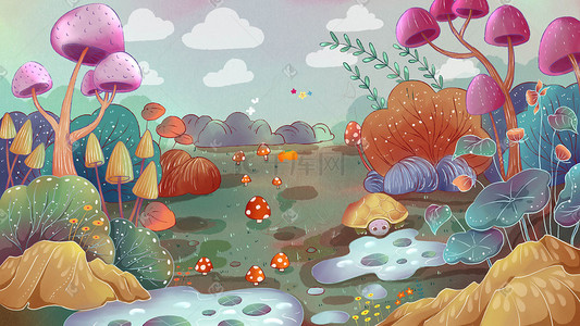 蘑菇边框插画图片_绘本童话故事秋天蘑菇场景插画