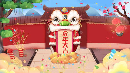 猫和老鼠的狮子插画图片_虎年大吉新年放鞭炮舞狮子庙会场景