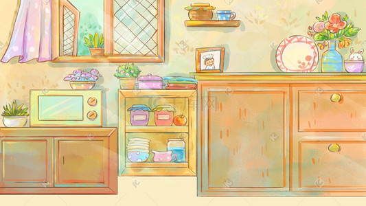 闲置物品交易插画图片_卡通手绘厨房物品柜子场景插画