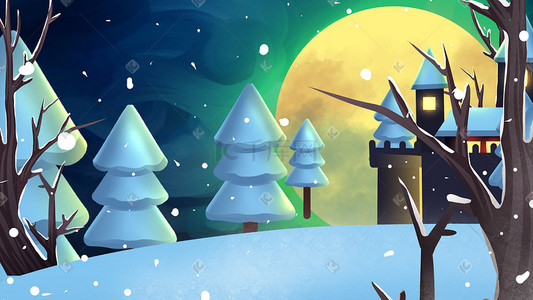 冬天城堡插画图片_矢量扁平冬天树木城堡风景图