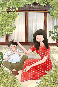 树叶爱心树叶插画图片_母子之间淡雅温馨的感恩节