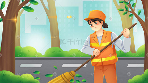 矢量扁平女环卫工人清洁扫地清洁道路
