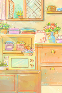 放书到柜子插画图片_卡通手绘厨房物品柜子场景插画