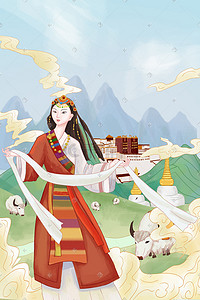 民族风插画图片_中国风少数民族藏族女孩人物插画海报背景