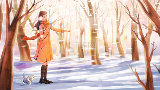 冬季下雪女孩唯美插画图片_冬天冬景冬季唯美雪景