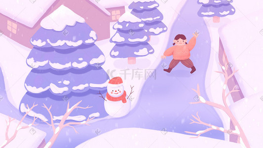 植物松树插画图片_寒冷冬天下雪冬季雪地女孩雪人松树植物风景