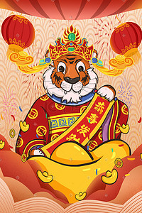 虎财神插画图片_新年春节拜年祝福老虎财神