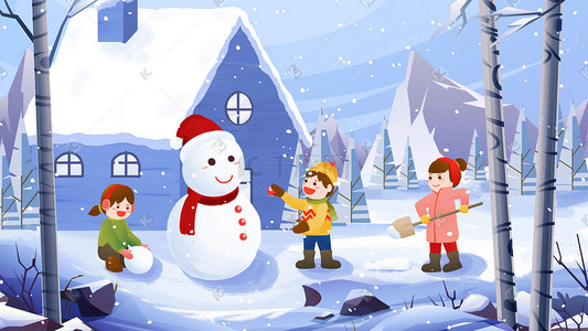 下雪绿幕插画图片_冬天下雪儿童堆雪人玩雪手绘插画