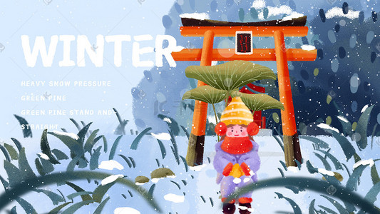冬天冬景冬季女孩下雪神社