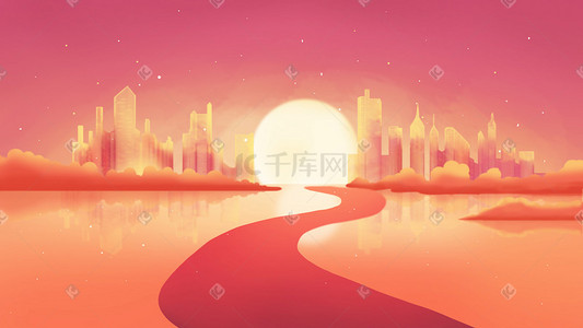 夕阳下插画图片_夕阳下的城市落日余晖