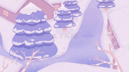 唯美卡通下雪冬季雪地松树植物风景