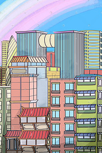 卡通城市住宅插画图片_卡通扁平世界城市日彩色插画图
