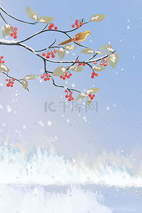 冬天唯美风景果实树枝鸟儿雪景插画
