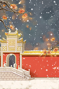 故宫红城墙插画图片_下雪中的古楼红色城墙