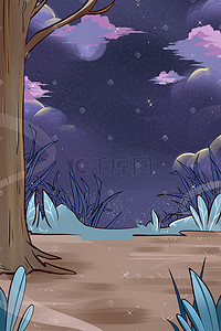 夜晚的树林插画图片_夜晚的树林手绘插画
