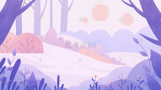 森林雪地森林插画图片_紫色冬天冬季雪地森林雪景唯美治愈