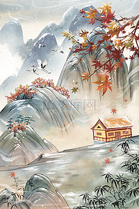 冬天雪屋的画插画图片_冬天风景中国风水墨山水古风雪景