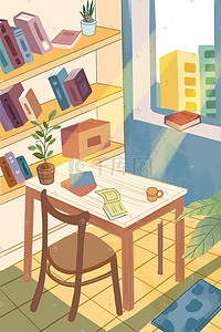 书桌读书插画图片_温暖的书房场景插画