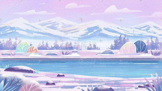 可爱紫色插画图片_紫色唯美冬天雪景风景治愈系可爱