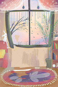 植物盆栽插画图片_室内家具植物盆栽窗帘沙发手绘场景