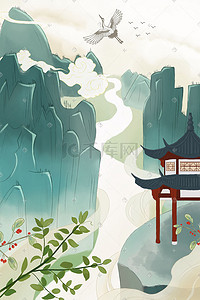 中国风院插画图片_中国风秋天绿色唯美庭院山水大场景
