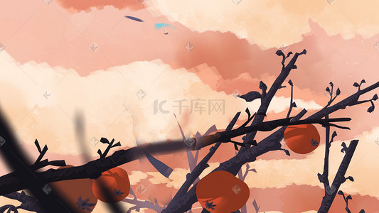 冬天的柿子插画图片_秋天的柿子挂在树上