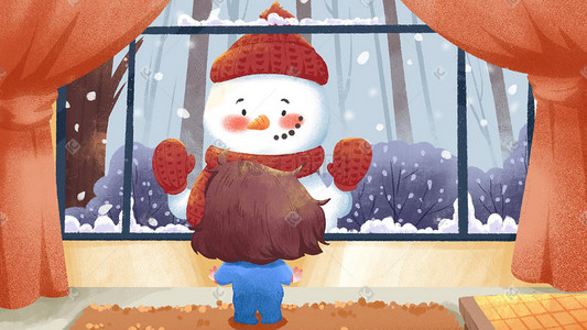 雪人圣诞雪人插画图片_圣诞雪人与小女孩隔窗相约