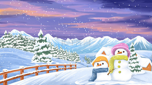 松柏插画图片_冬日雪人在树林远山处雪景插画