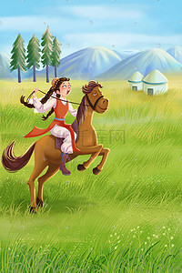 草原骑马插画图片_少数民族新疆维吾尔族骑马少女