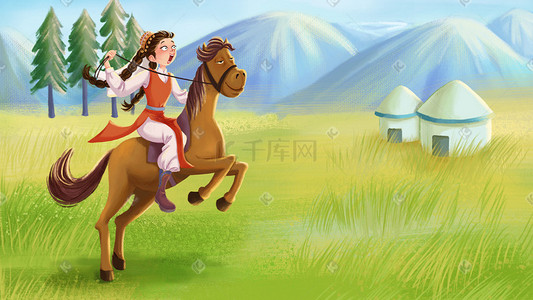 书骑马钉插画图片_少数民族新疆维吾尔族骑马少女