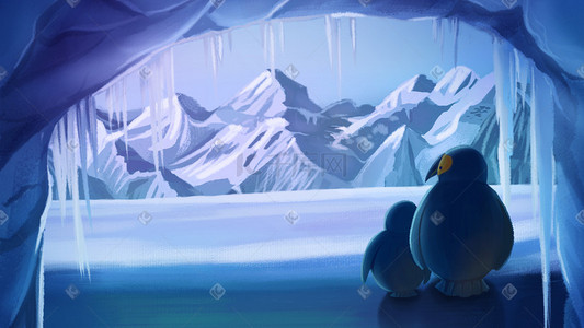 企鹅卖萌插画图片_冬天冬景冬季风景雪山大雪山洞企鹅