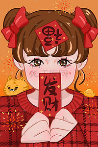 女孩祝福插画图片_2022年新年春节拜年红包祝福红色卡通女孩新年发财