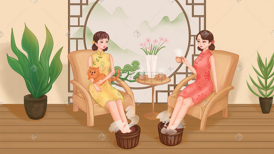 秋冬季花插画图片_中国风秋冬女人养生保健足浴插画海报背景