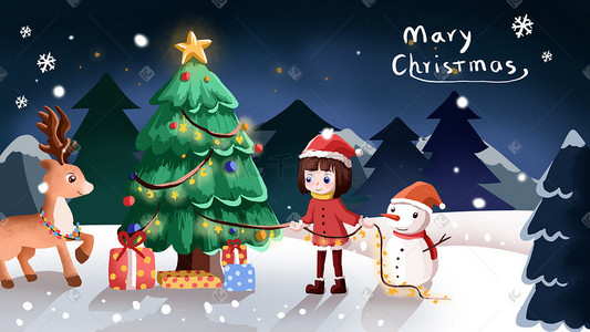 圣诞树插画图片_圣诞节圣诞平安夜圣诞树雪地