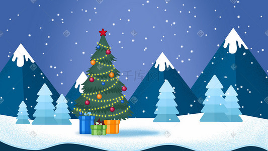 横条彩灯串插画图片_圣诞节圣诞树扁平礼物彩灯装饰雪地下雪