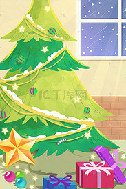 圣诞节圣诞树彩灯星星礼物彩球下雪冬天