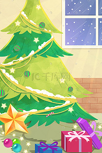 圣诞树彩球插画图片_圣诞节圣诞树彩灯星星礼物彩球下雪冬天